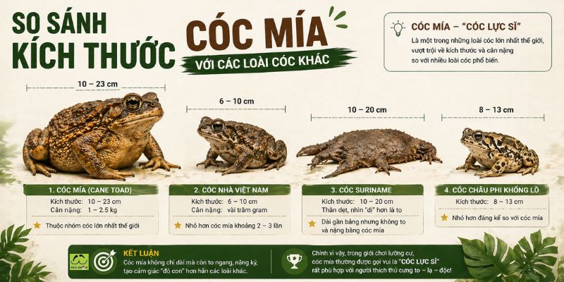 So sánh kích thước Cóc Mía với các loài cóc khác